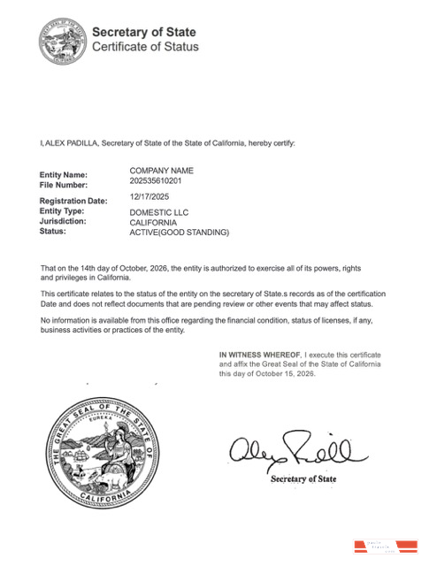USA California certificate of good standing Word and PDF template, version 2